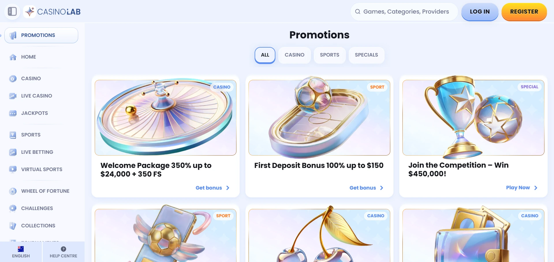 Casino Lab bonus page with the current welcome package