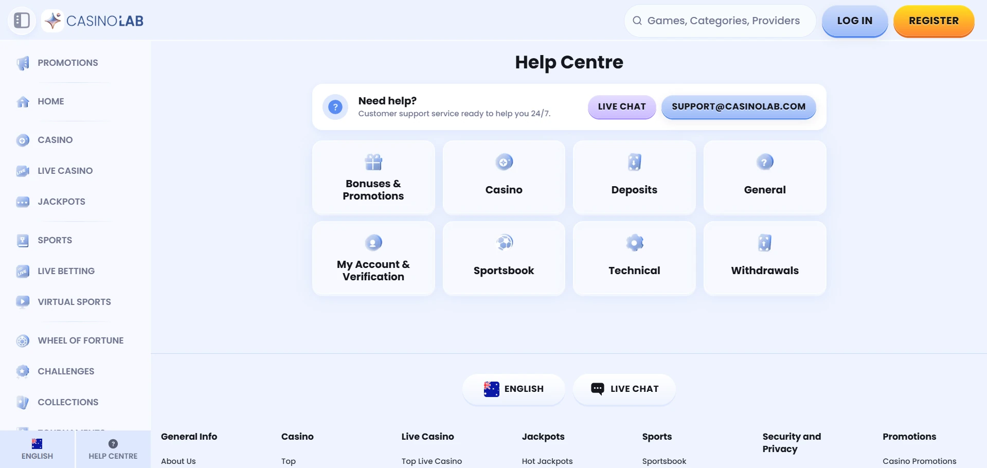 Casino Lab support options with live chat